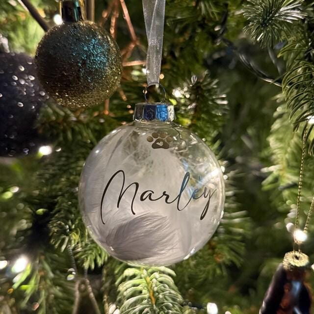 Glass Personalised Pet Memorial Feather Bauble, Dog Memorial Gift, Pet Remembrance Christmas Keepsake