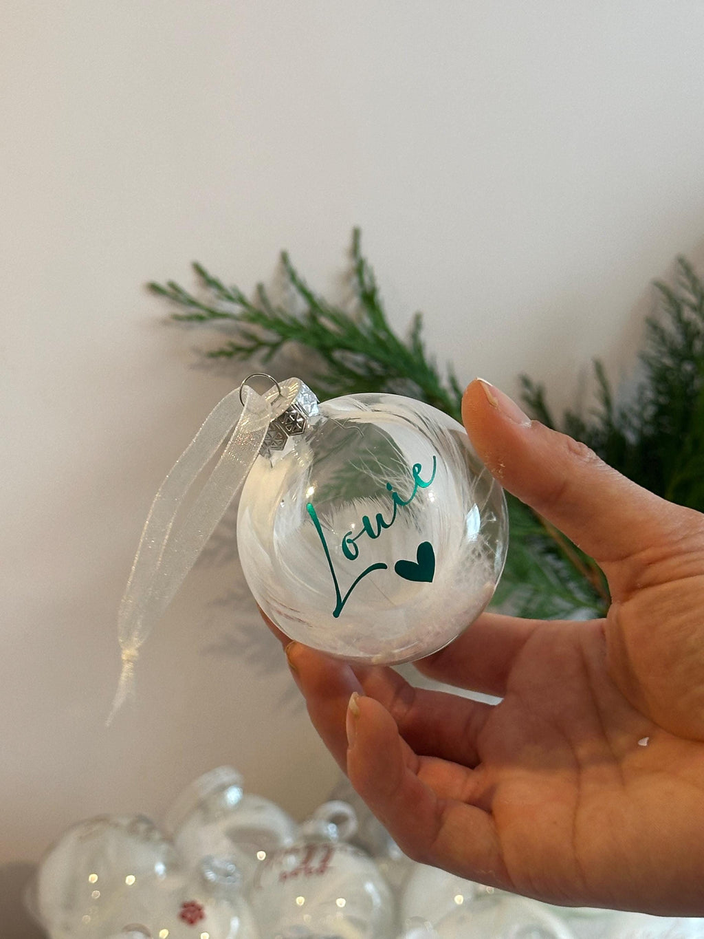 Glass Personalised Feather Glass Christmas Bauble, First Christmas Keepsake (7cm)