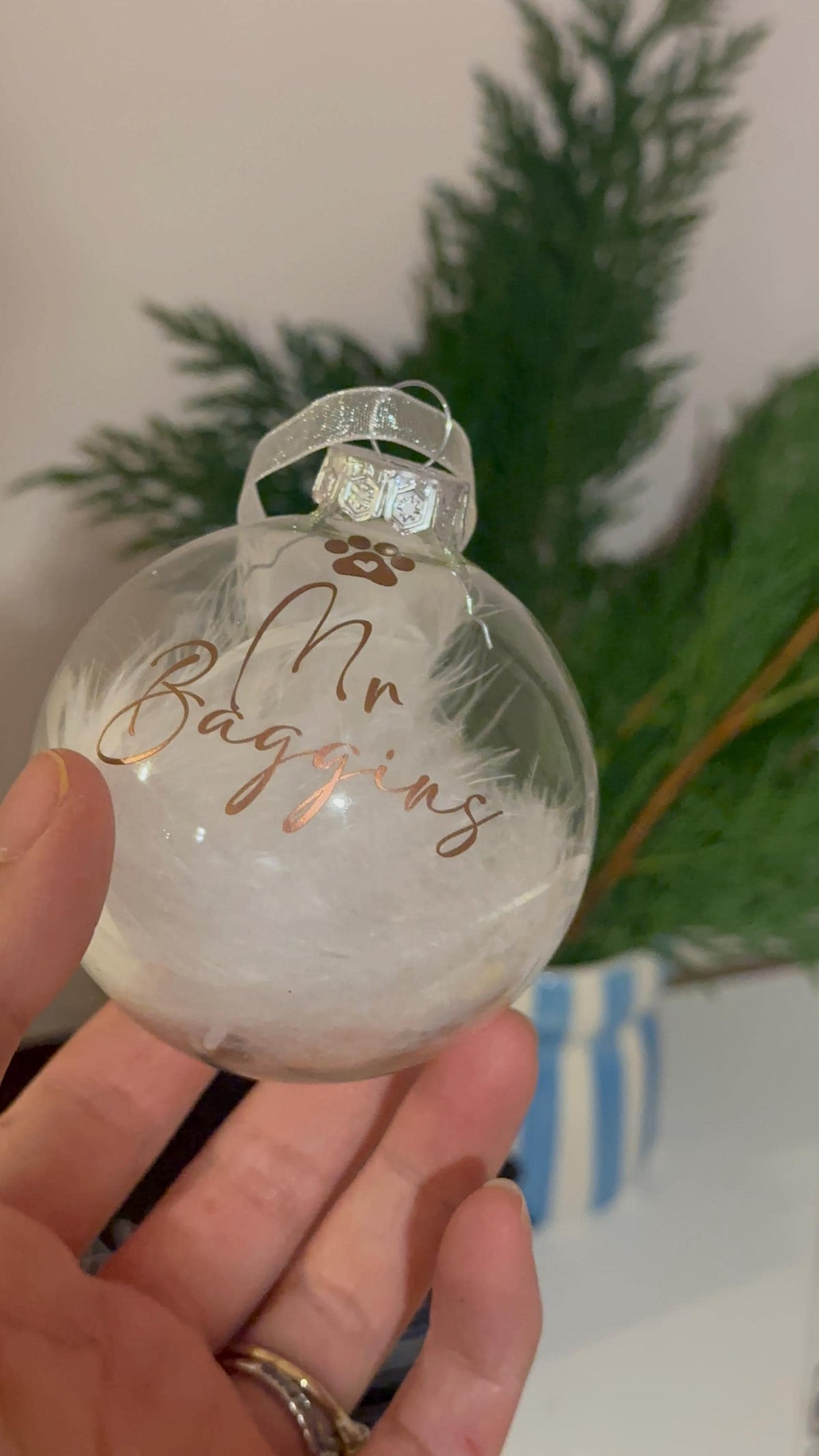 Personalised pet memorial feather bauble