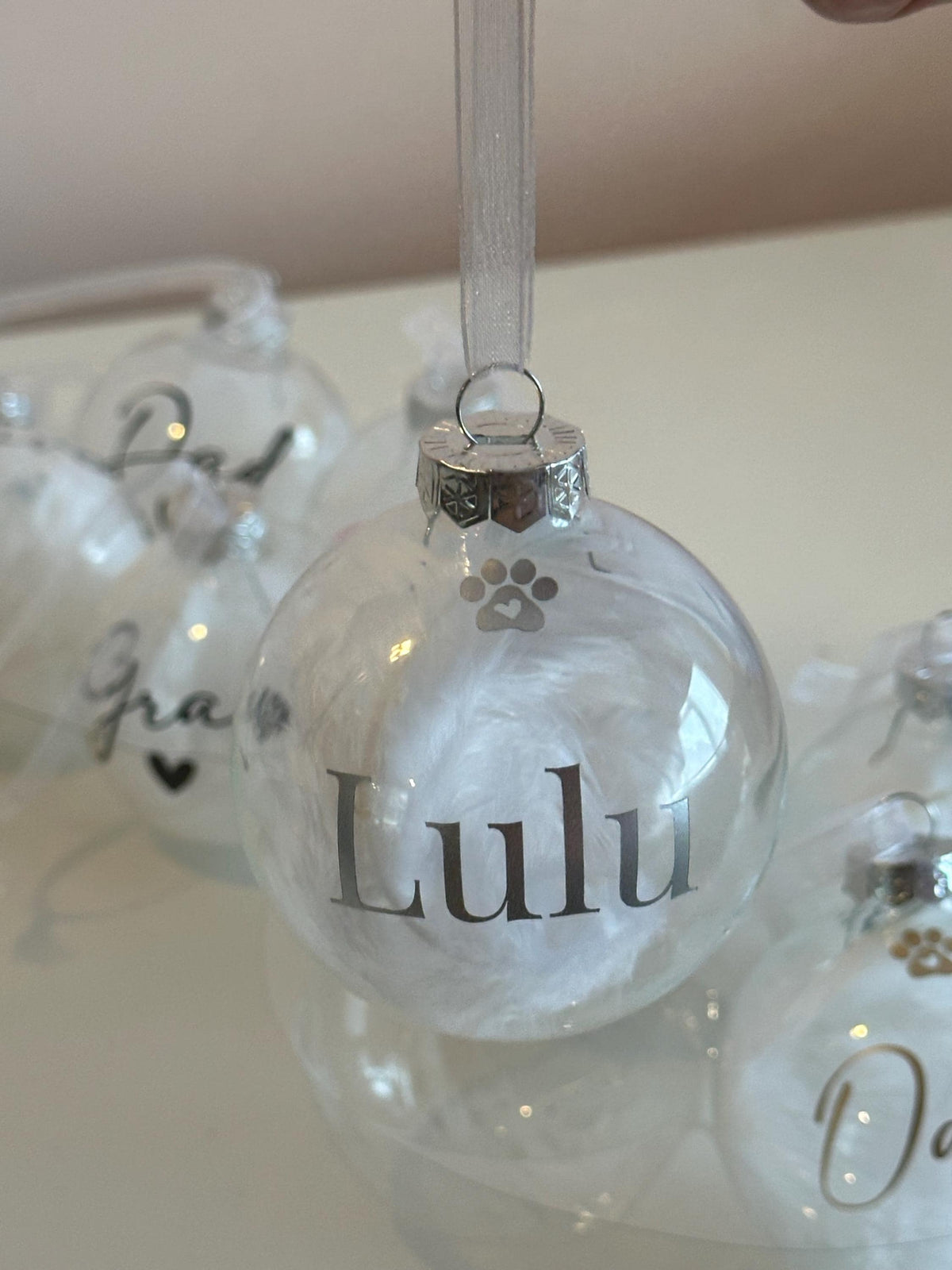 Personalised pet memorial feather bauble