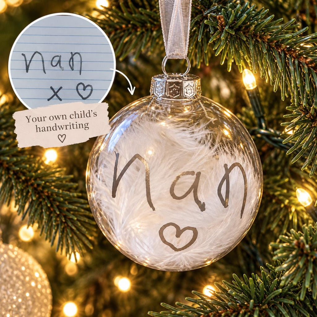 Child handwriting personalised feather bauble