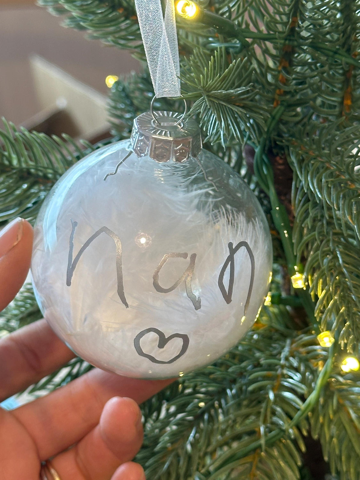 Child handwriting personalised feather bauble