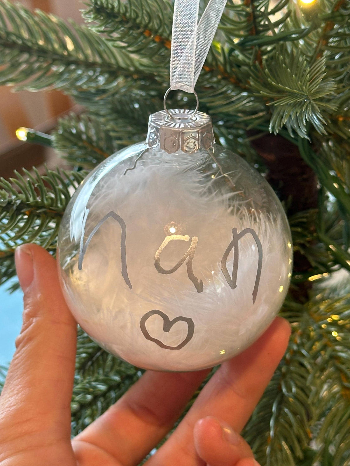 Child handwriting personalised feather bauble