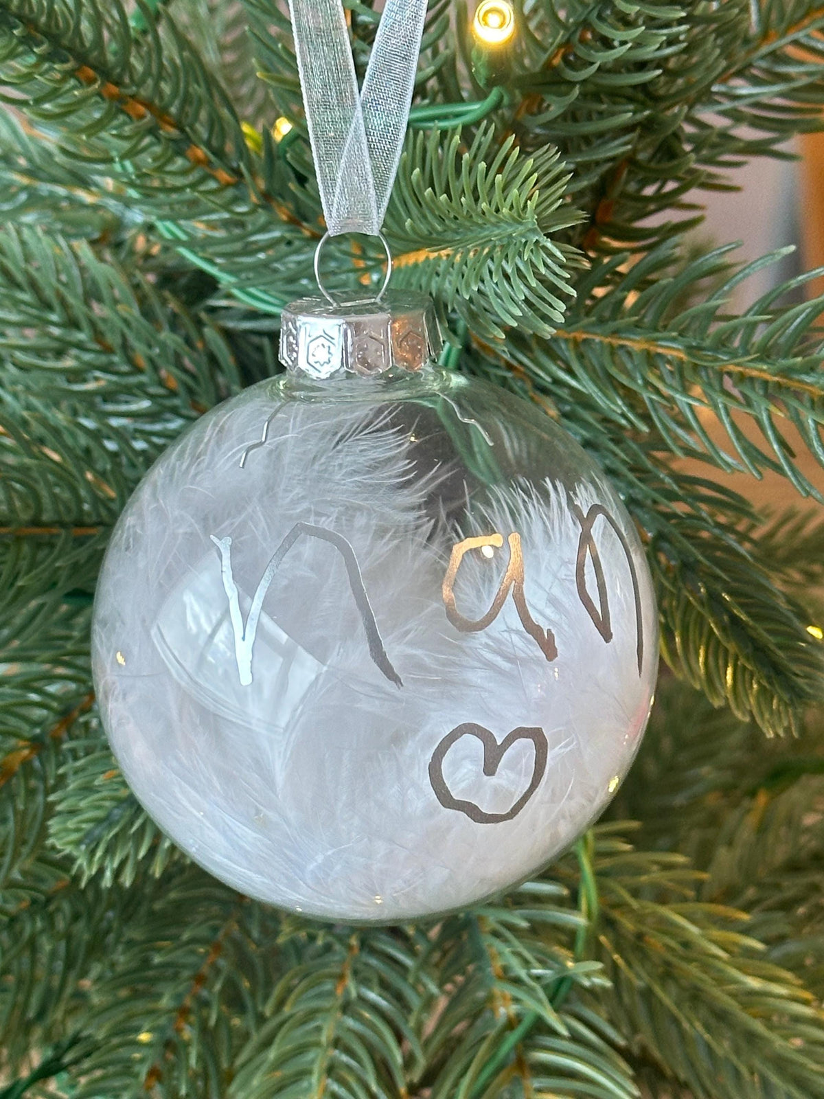 Child handwriting personalised feather bauble