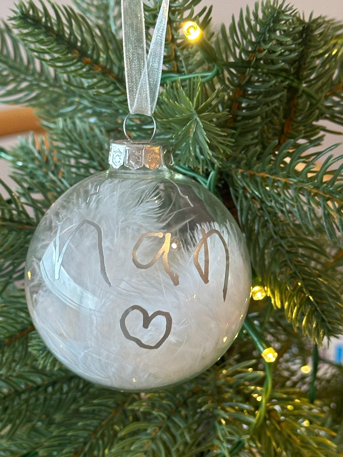 Child handwriting personalised feather bauble