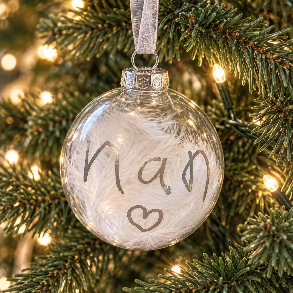 Child handwriting personalised feather bauble