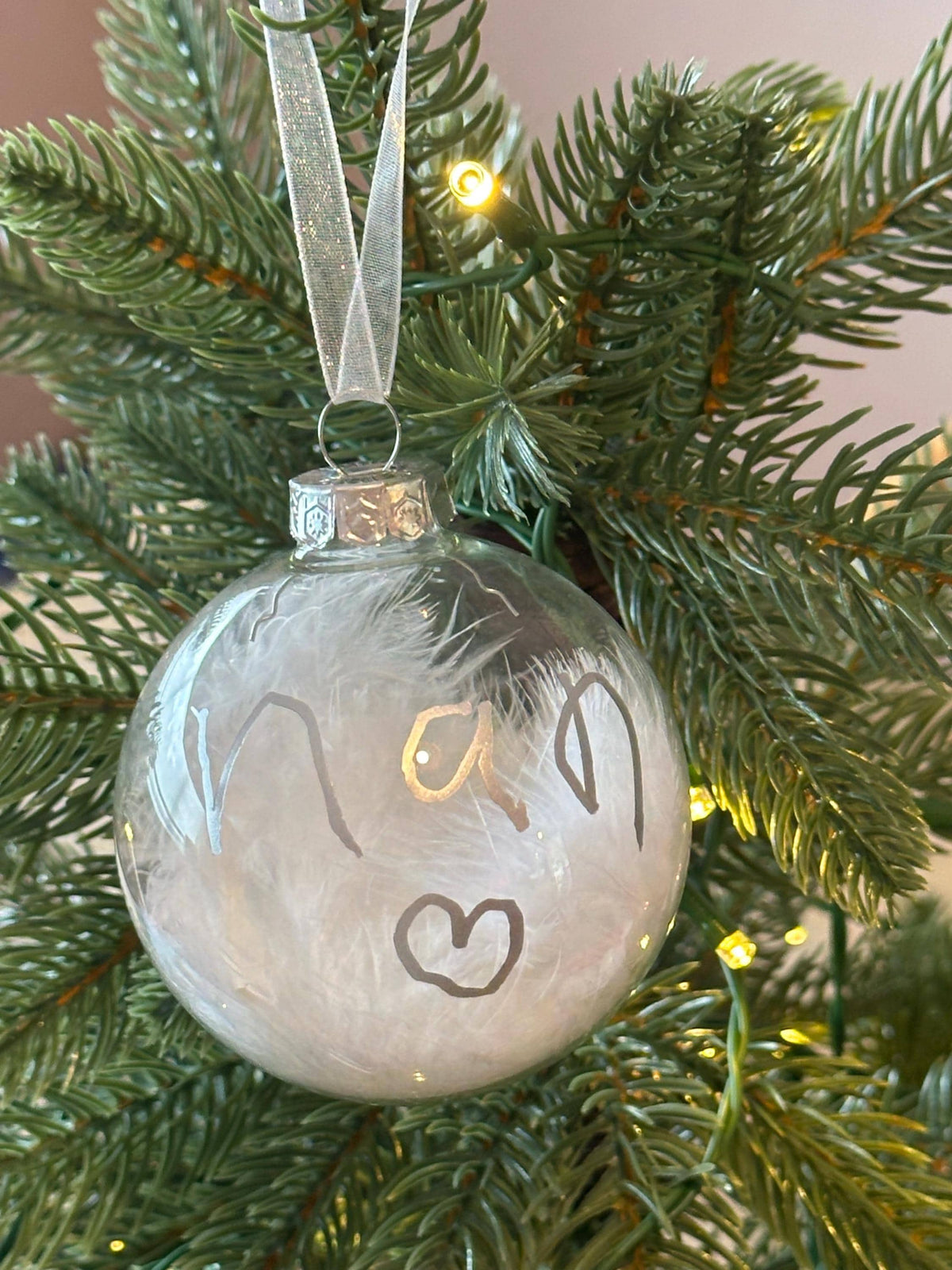 Child handwriting personalised feather bauble