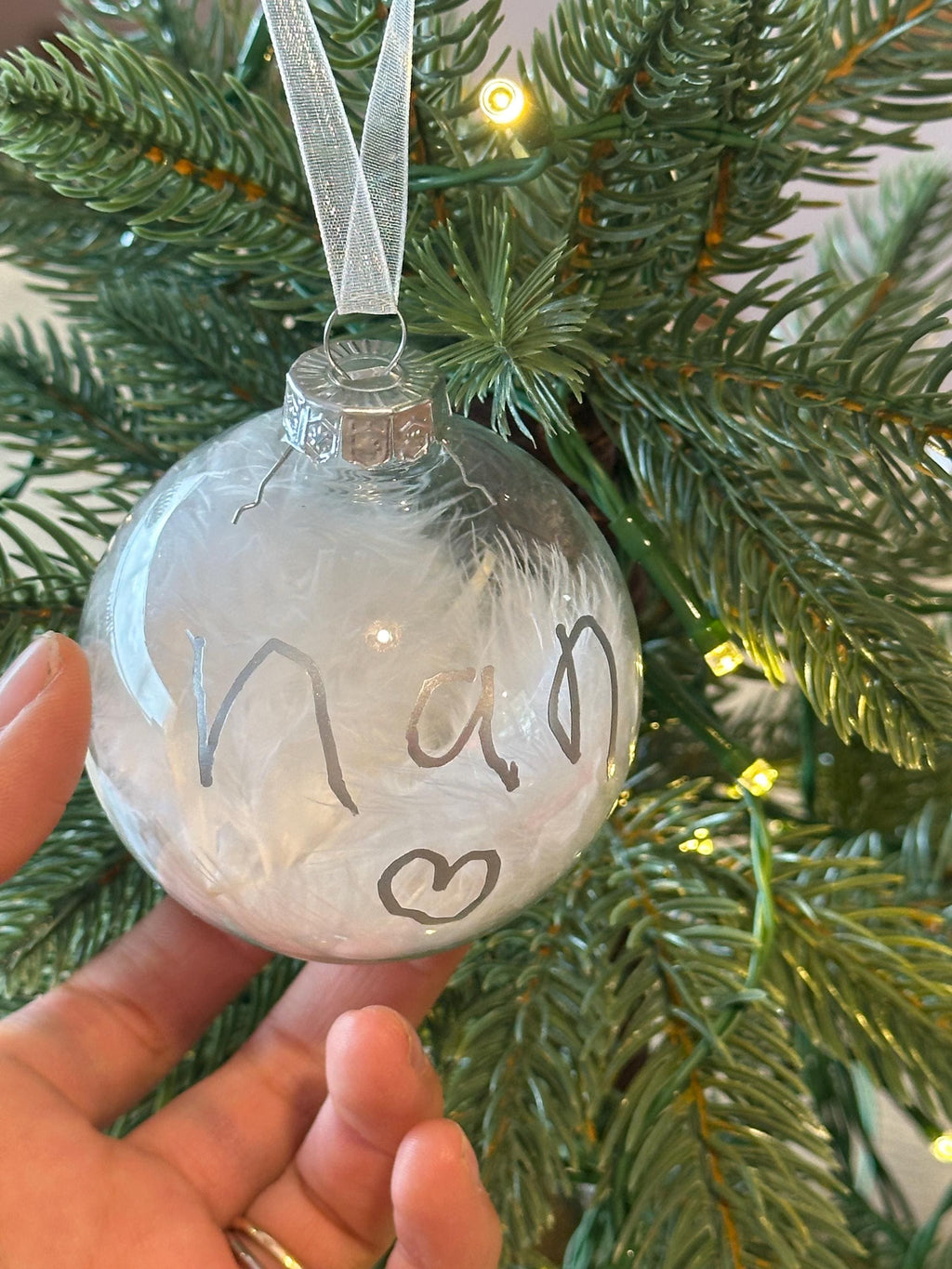 Child handwriting personalised feather bauble