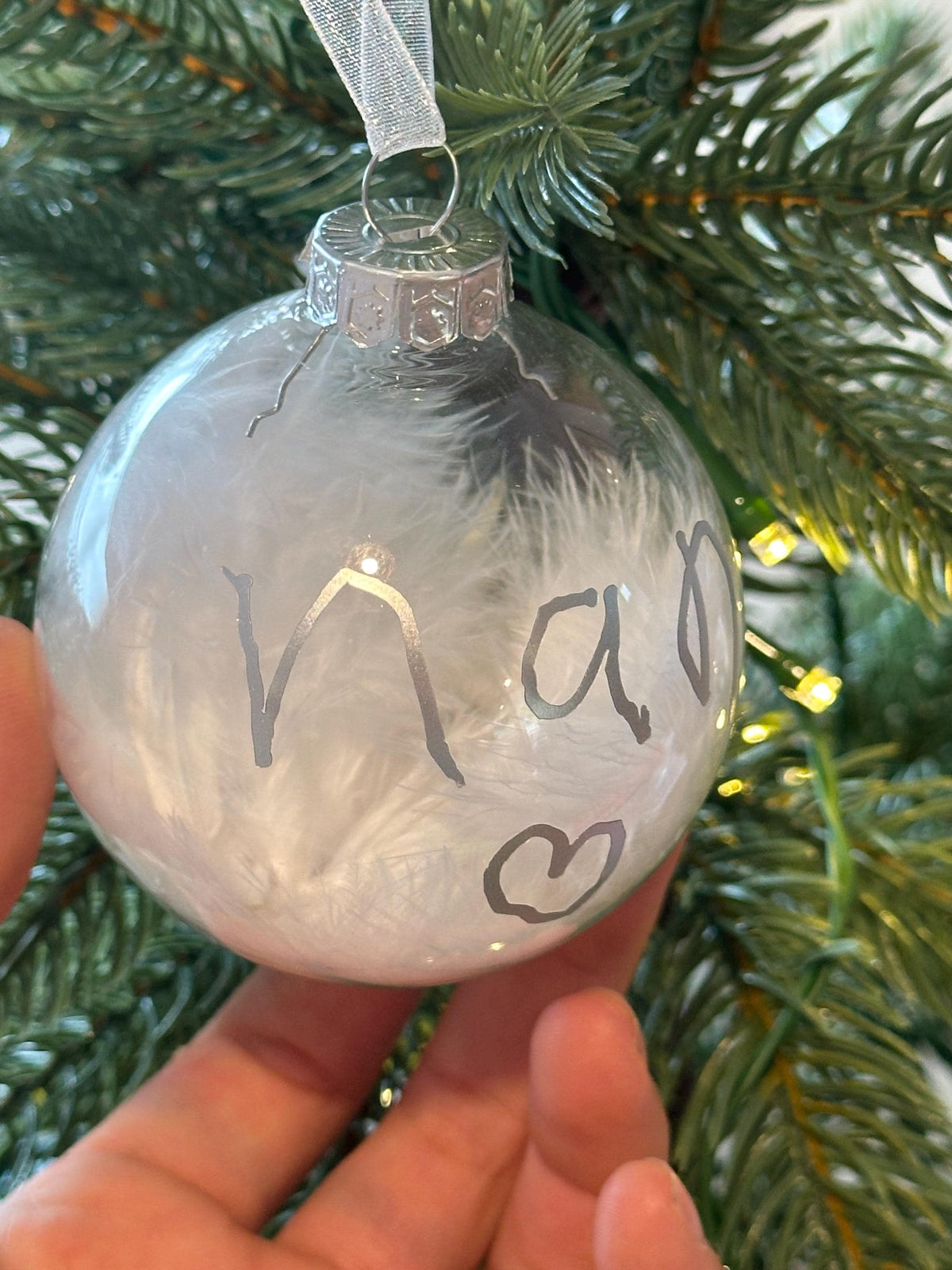 Child handwriting personalised feather bauble