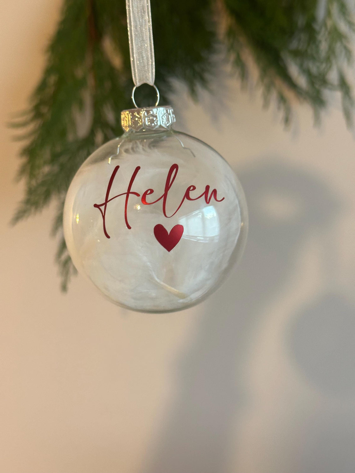 Personalised first Christmas feather bauble