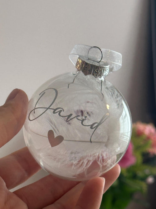 Personalised first Christmas feather bauble